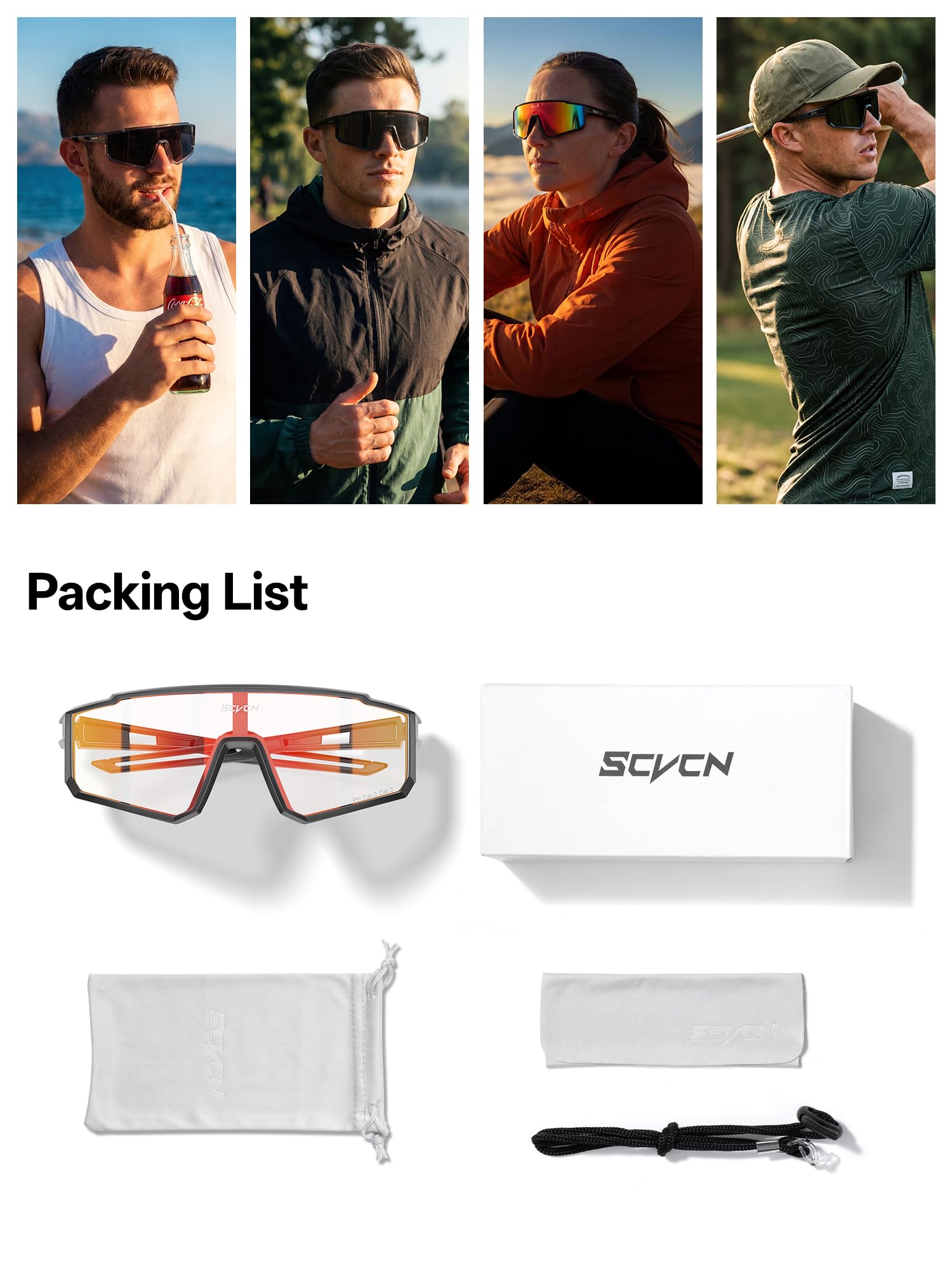 SCVCN Lunettes de cyclisme pour homme et femme, lunettes de vélo enveloppantes 31,6 g avec verres colorés ou photochromiques, protection UV400 pour route et VTT