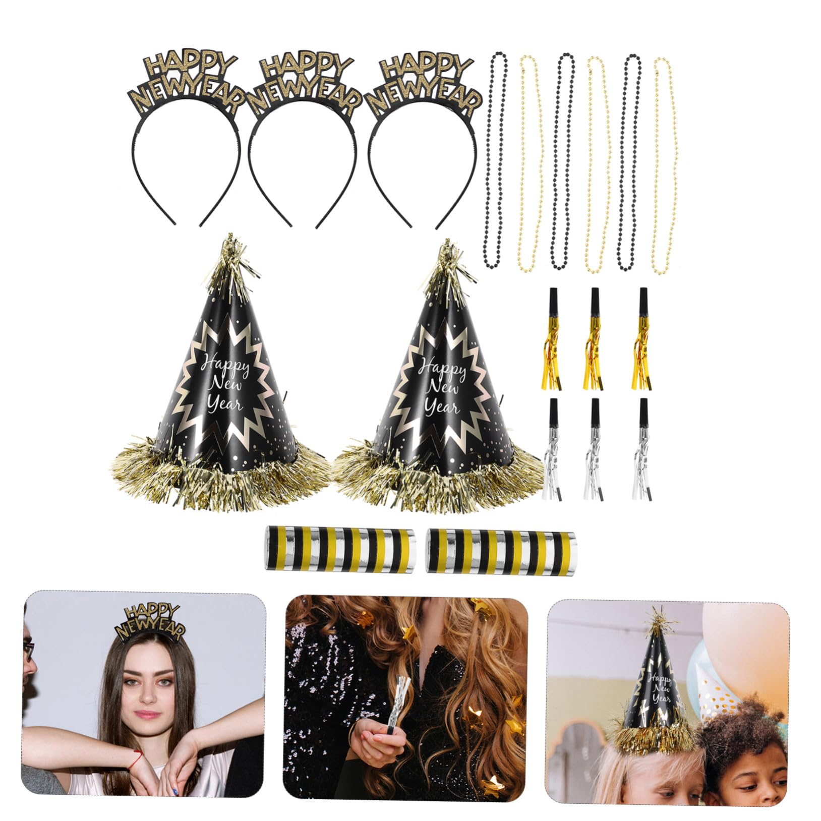 Alipis Kit de Decoración para Fiesta de Año Conjunto de Sombreros Cónicos Diademas Collares de Cuentas y Sopladores Accesorios Festivos Negro y Dorado para Celebraciones Interiores y