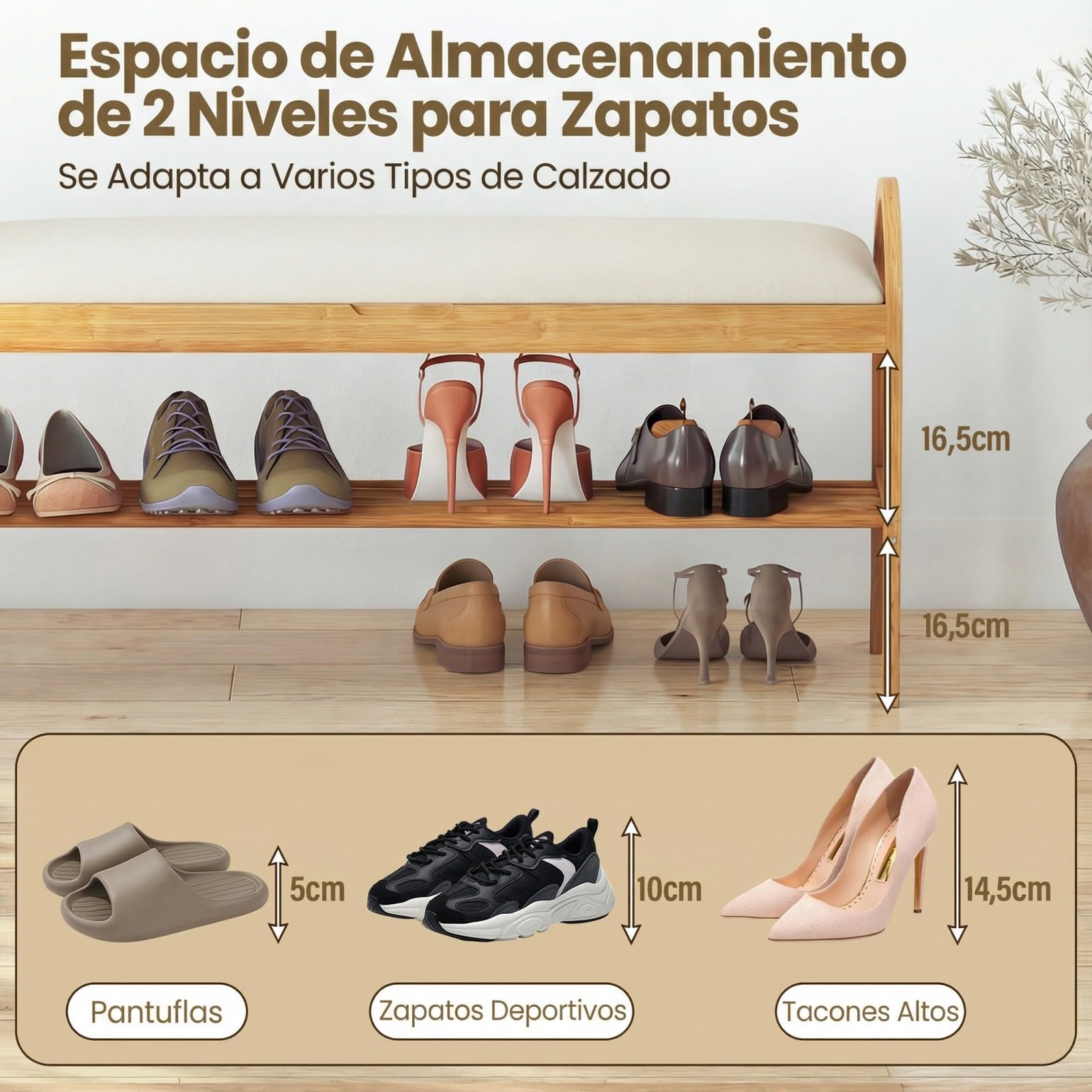 COSTWAY Banco Zapatero de Bambú, Banco para Zapatos con 1 Estante, Tapa Abatible Acolchada, Banco Zapatero Pasillo Entrada Salon, 101 x 31 x 51 cm (Beige)