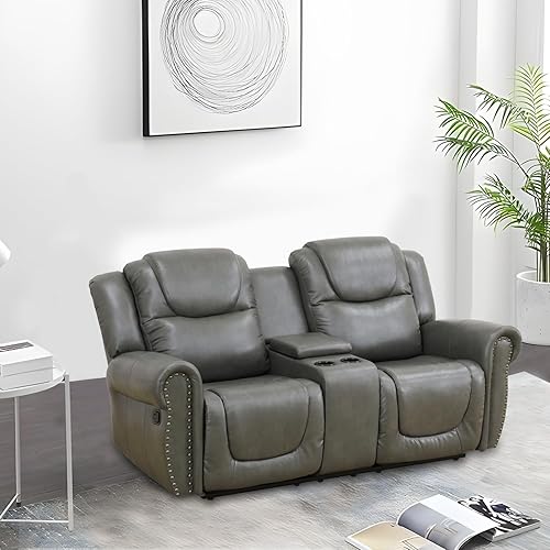 Miniatura 5 de Juego de sofá reclinable de cuero, juego de muebles de sala de estar, juego de sofá de cuero reclinable con ribete de remaches con portavasos (juego