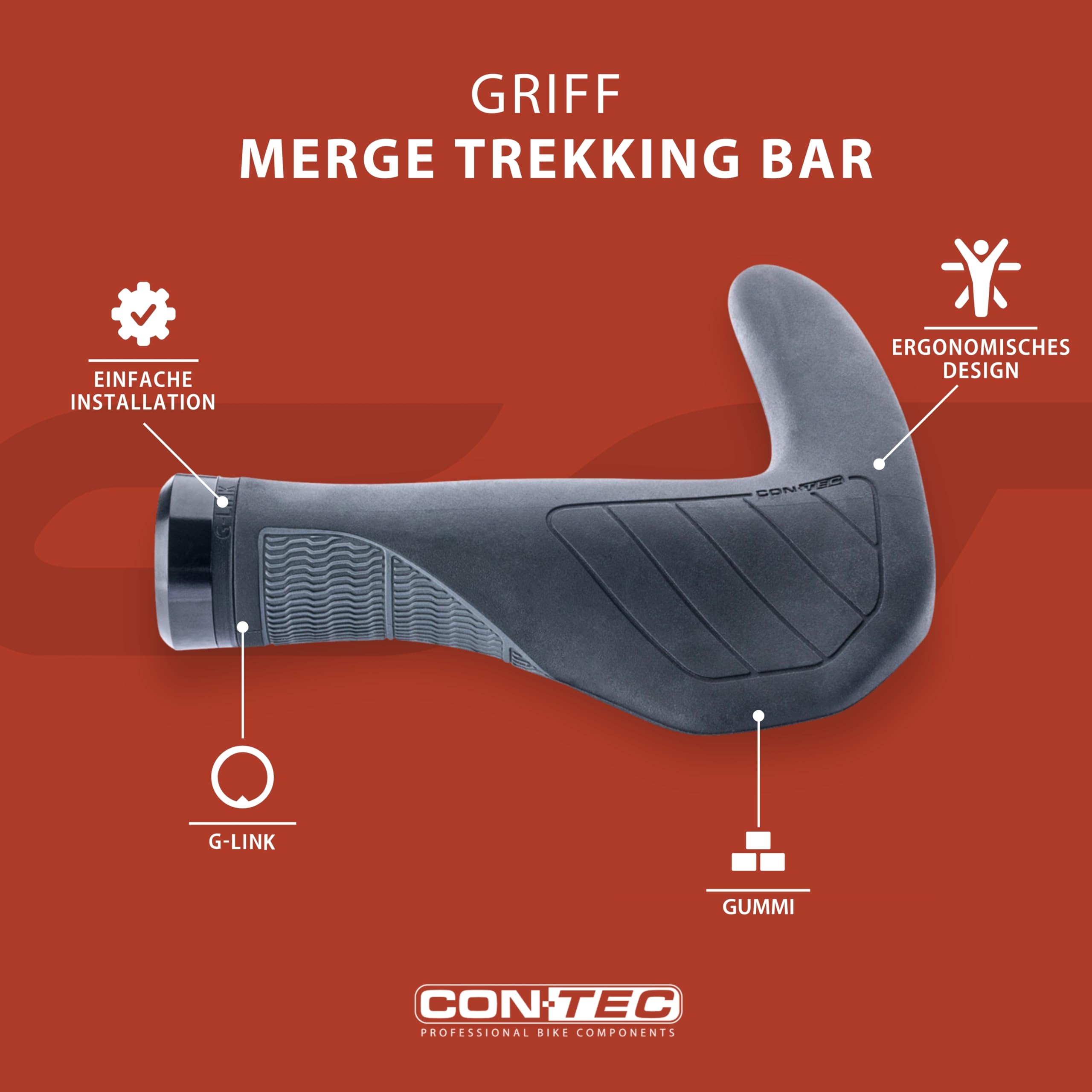 CONTEC Fahrrad-Griffe Merge Trekking Bar, Ergonomisch, stoßdämpfend, Gummi, Schwarz, 96/140 mm, Lenker, Radfahren, Trekking, MTB, schwarz, Paar