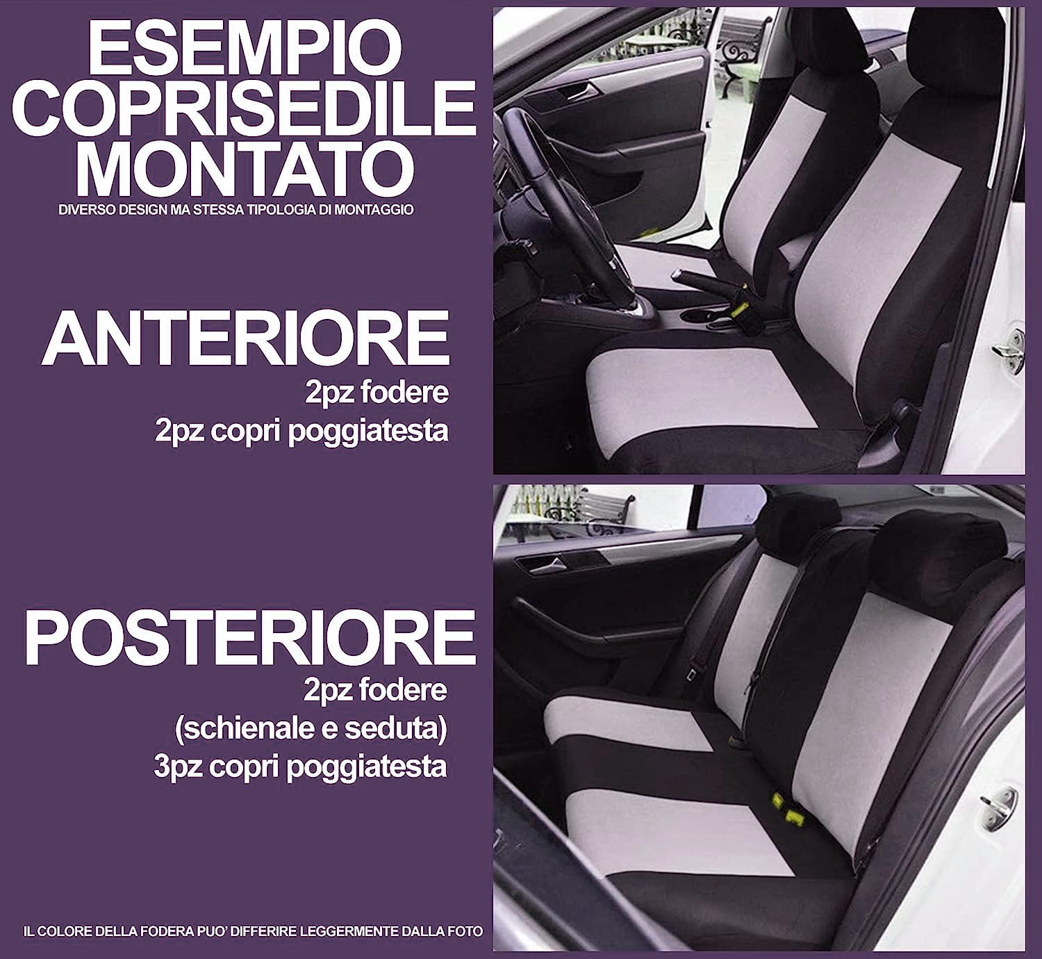 Coprisedili Universali Per Panda - Set In Poliestere Con Zip, Anteriori E Posteriori, Nero/Grigio - Foto 4