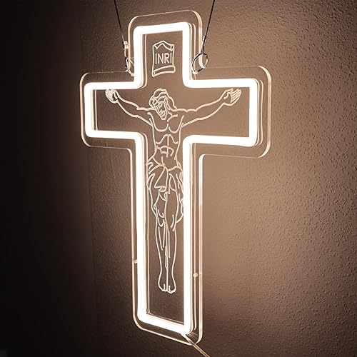 Miniatura 9 de Letrero de neón con cruz de Jesús, luz de neón LED de cruz de Jesús blanca cálida, hecha a mano con grabado 3D para amigos, familia, compromiso,