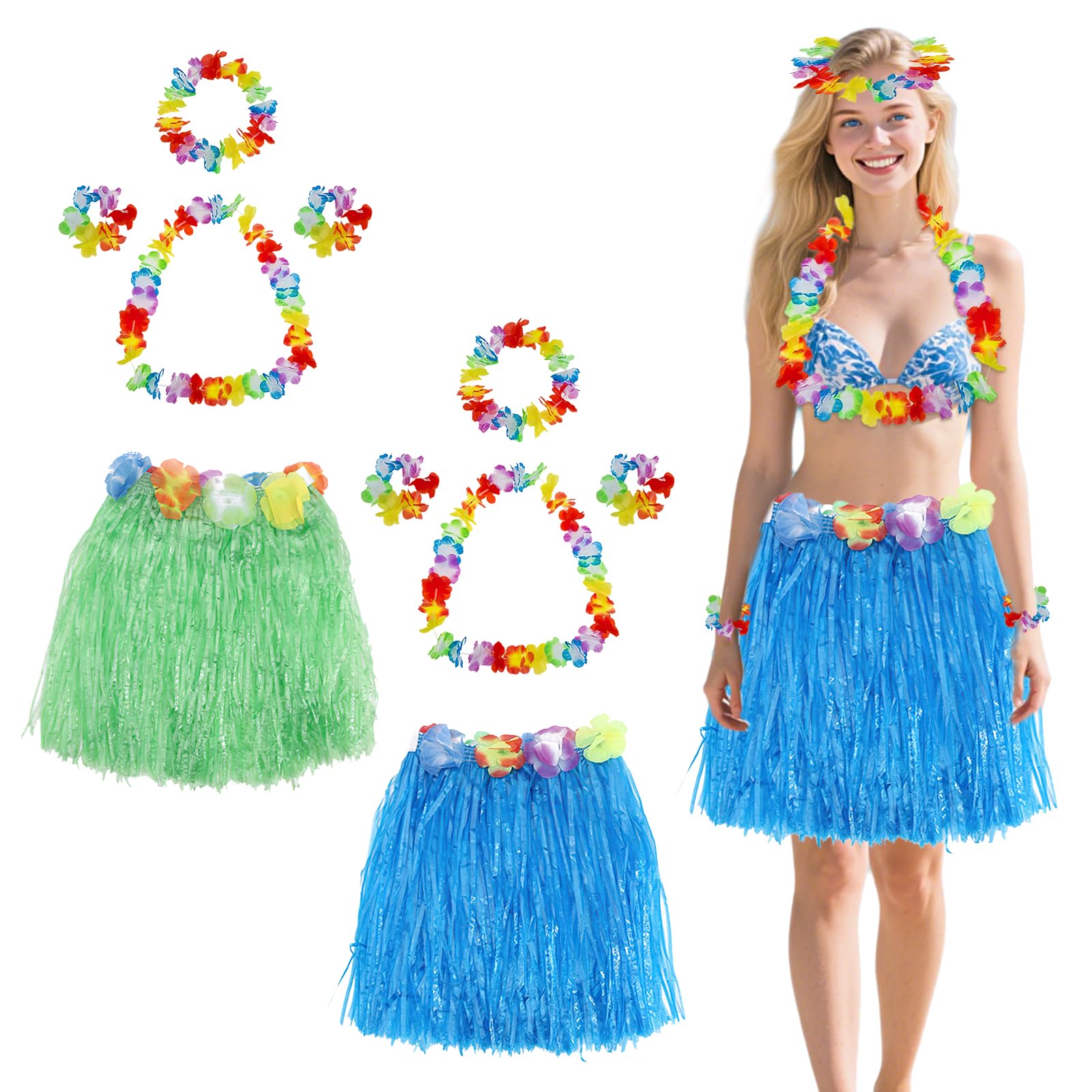 10Pcs Hawaiian Leis Hula Grass Skirt Set,Include 2 Luau Grass Skirts+2 Flower Leis Necklace+4 Bracelet+2 Headband,Fancy Dress Costume for Women and Teens Tropical Luau Party Decoration (Green+Blue)