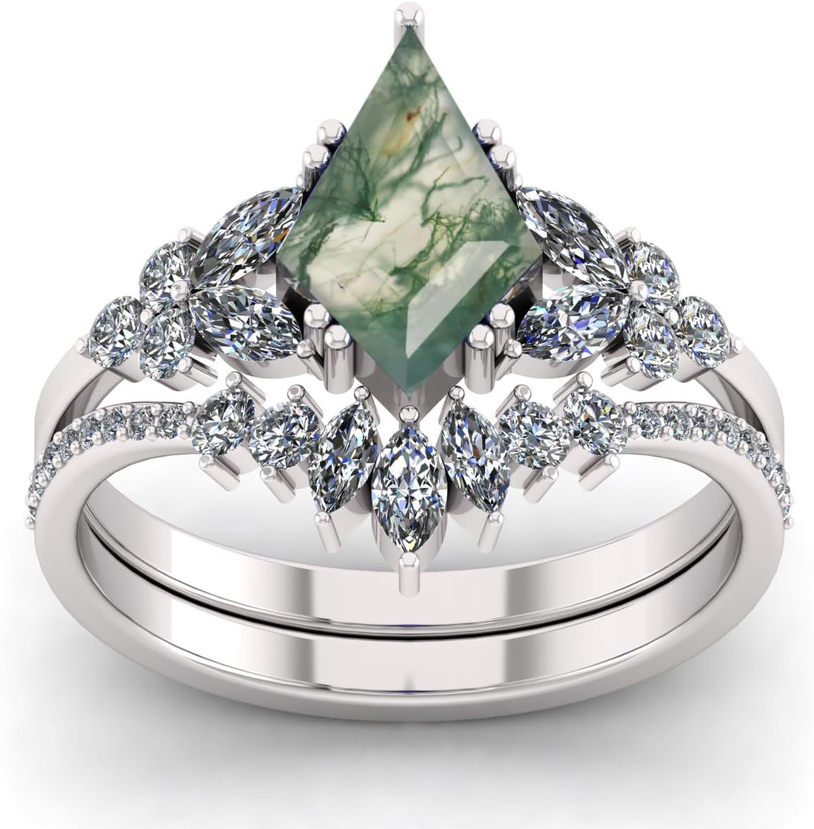 Oval Shape Natural Moss Agate Gemstone Wedding Ring Set, 925 Sterling Silver Nature Inspired Moss Agate Unique Dainty Branch Statement Ring, Gift for Her