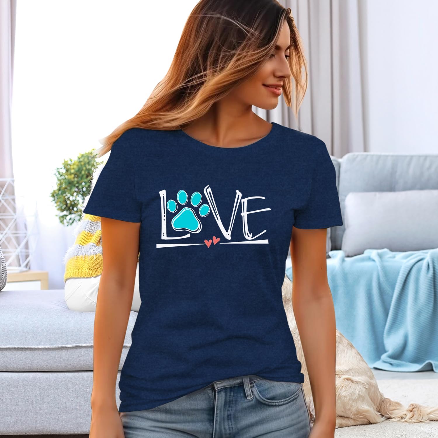 Dog Lover Shirts for Women Cute Paw Love Heart Print T-Shirt Dog Mom Short Sleeve Tee Tops - Image 3
