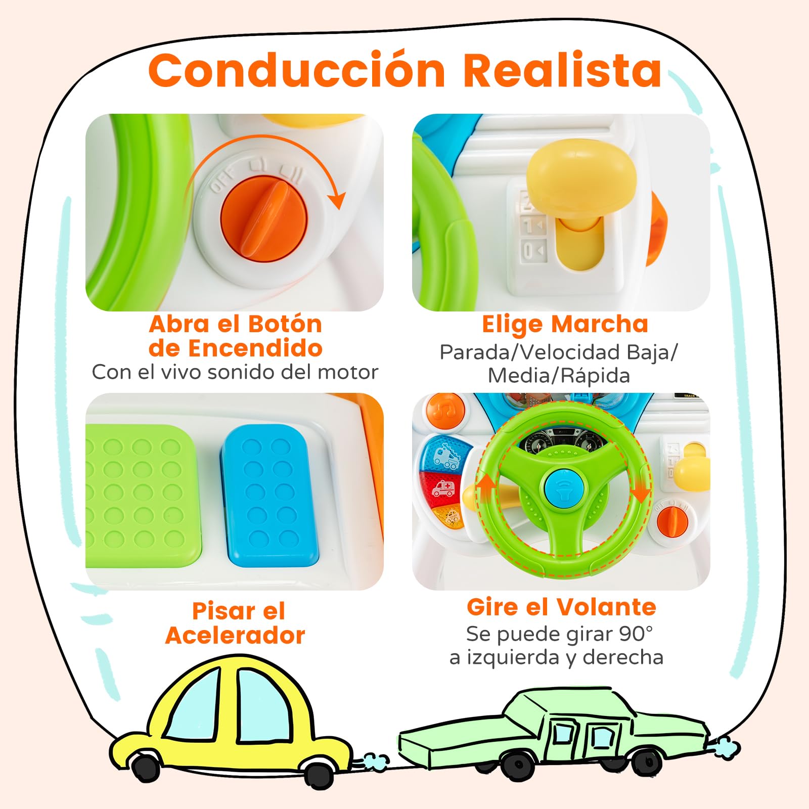 RELAX4LIFE Volante Juguete con Pantalla, Taburete, Efectos Luz y Sonido, Música, Claxon, Pedales y Intercomunicador, Volante Niños de ABS con Velocidad Ajustable, Juguete para Niños 3+ Años, Colorido