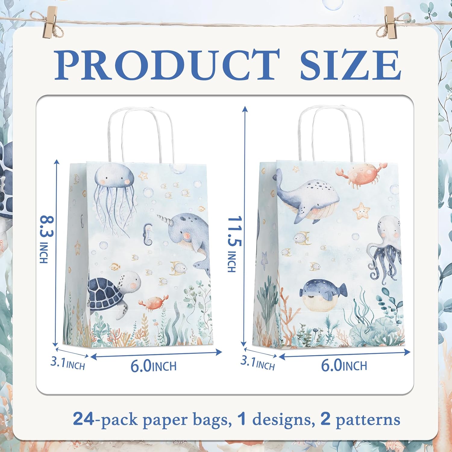 24 Pack Under the Sea Party Favor Bags, Ocean Animal Gift Bags with Handles, Sea Creature Goodie Treat Bags for Baby Shower, Birthday Party, Ocean Theme Party Supplies image 2