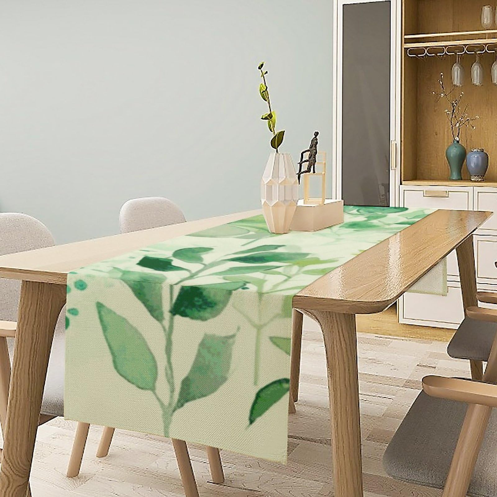 Watercolor Green Flowers Table Runner 13x72 Inch Linens Burlap Table Runner with Tassels Boho Farmhouse Table Runner for Kitchen Home Christmas Halloween Party Table Decor Tablecloth