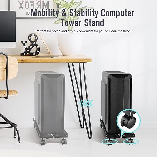 Miniatura 5 de Soporte de torre de metal para computadora, soporte de CPU móvil resistente, soporte para CPU debajo del escritorio, soporte de escritorio ajustable