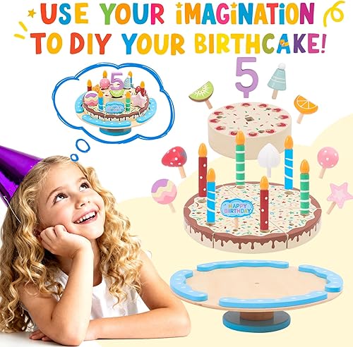 Miniatura 5 de Juego de pastel de cumpleaños de madera para niños, pastel de cumpleaños realista con velas y frutas para juegos de simulación, juguetes de madera,