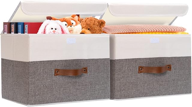 OUTBROS Large Collapsible Storage Box with Lid, Linen Fabric Clothing Shelf Basket Bins Toy Box For Towels, Books, Clothes 17.7 x 11.8 x 11.8 inch (White/Grey, 2-Pack)