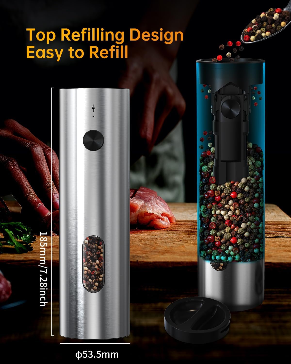 Diagram showing the top-fill design of the CIRCLE JOY grinder with spices being poured in