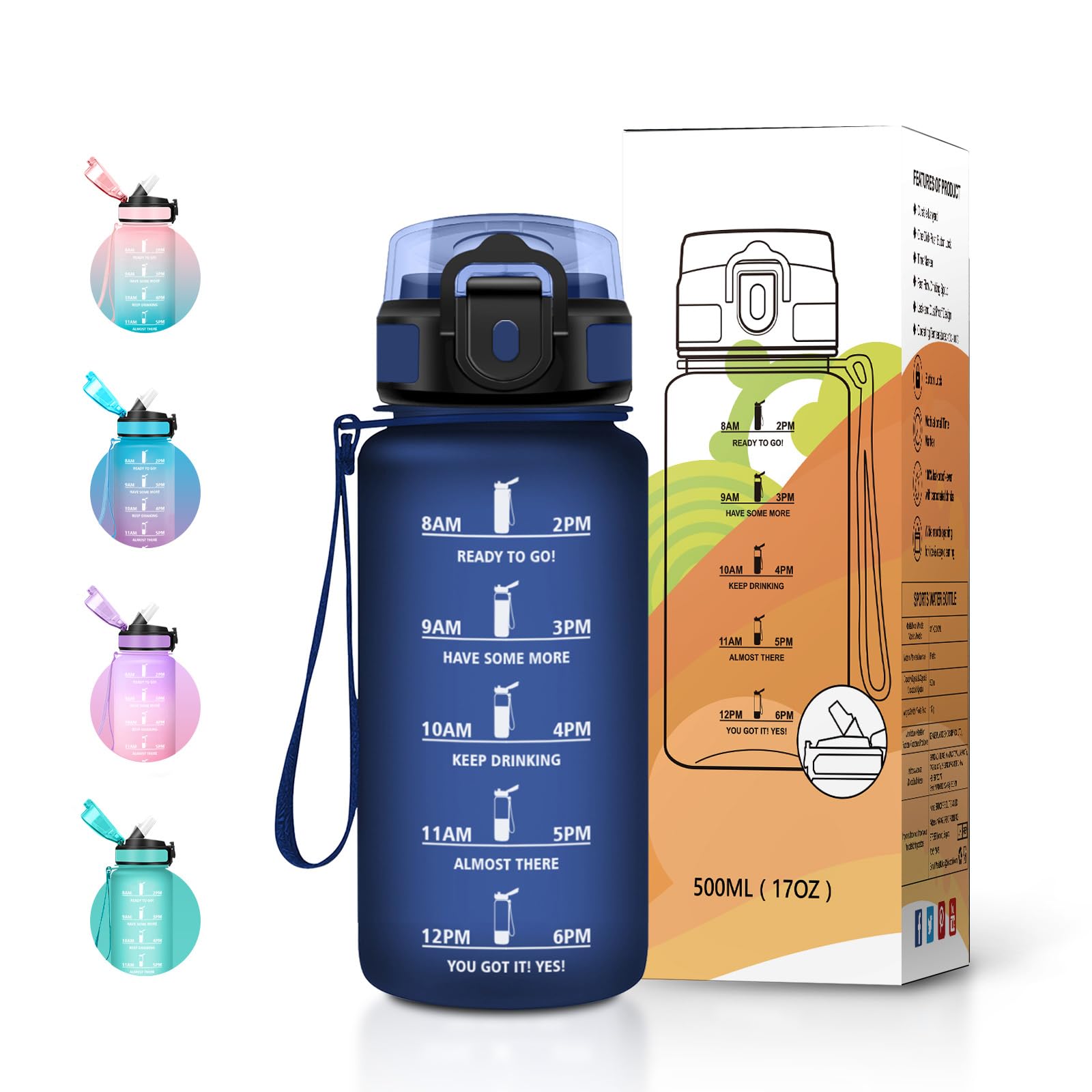 Borraccia 500ml, Borraccia con Cannuccia, e Indicatore del Tempo, Riutilizzabile, senza BPA, a Prova di Perdite, Motivazionale, ideale per Scuola e Ufficio