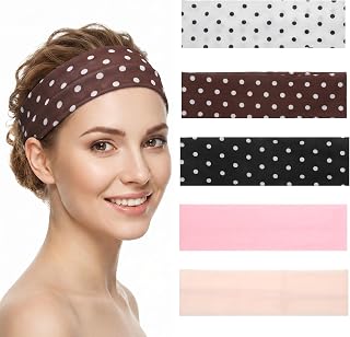 HJZHII 5Pcs Polka Dot Headband for Women, Classic Polka Dot Fabric Headband Non Slip Wide Elastic Headbands Soft Fabric Hair Bands Yoga Workout Hair Accessory for Women Yoga Workout and Daily Fashion