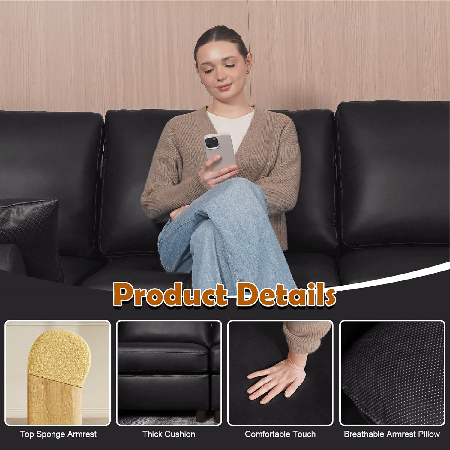EASE MOOSE Oversized Modular Sectional Sofa, Waterproof & Scratch-Resistant Faux Leather Sofa with Deep Seat, Comfy V-Shape Sofa, Sectional Couches for Living Room, Black