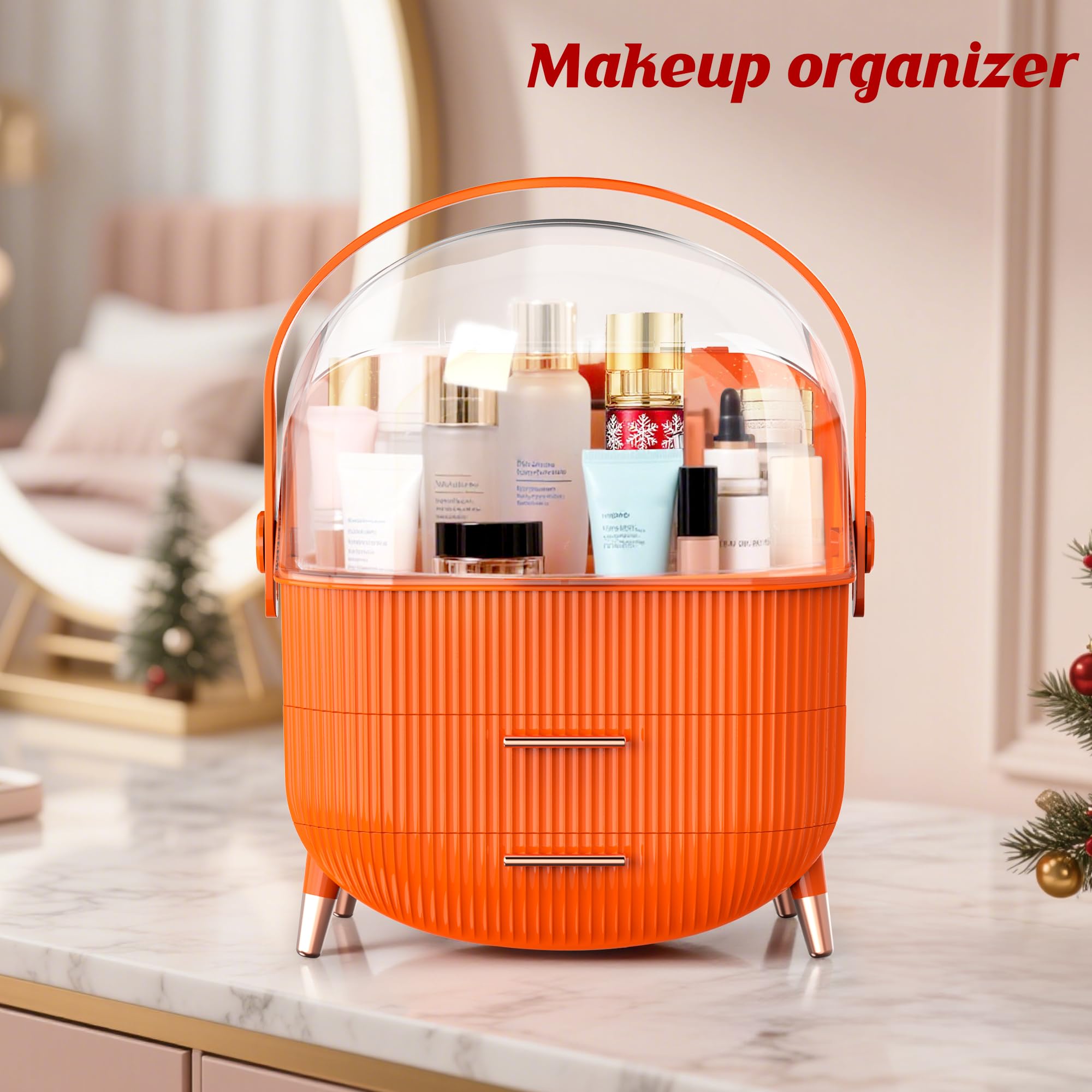MASSY Egg-Shaped Makeup Storage Box, Portable Vanity Cosmetics Organizer - Orange
