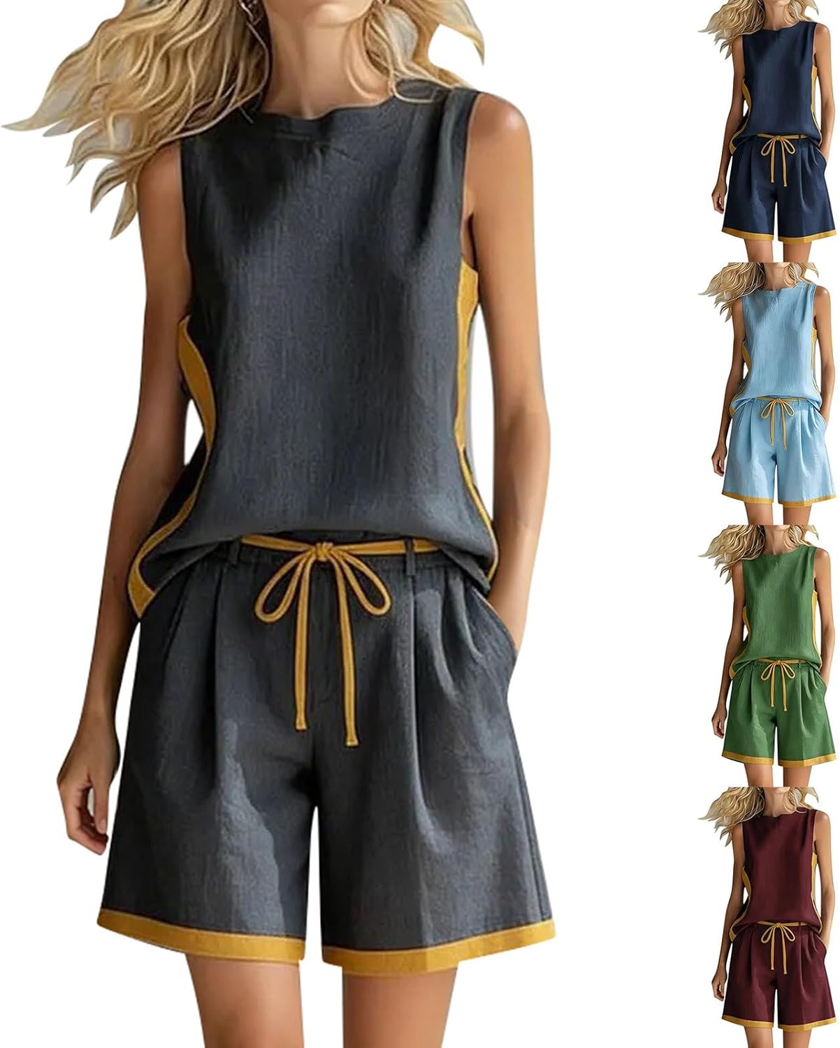 Boho Summer Outfits Women Sleeveless Crop Top Wide Leg Shorts Matching Lounge Set Colorblock 2 Piece Casual Sets