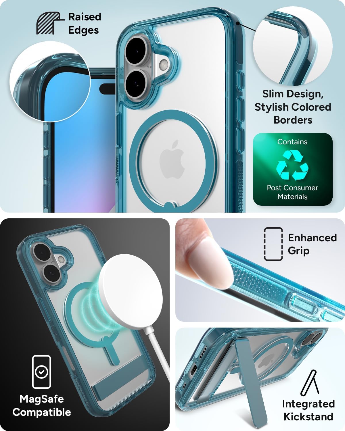ZAGG Santa Cruz Snap with Kickstand Case for iPhone 16 – MagSafe Compatible, 13ft Military-Grade Drop Protection, Reinforced with Graphene, Slim Clear Case with Vibrant Color Accents, Retro Blue