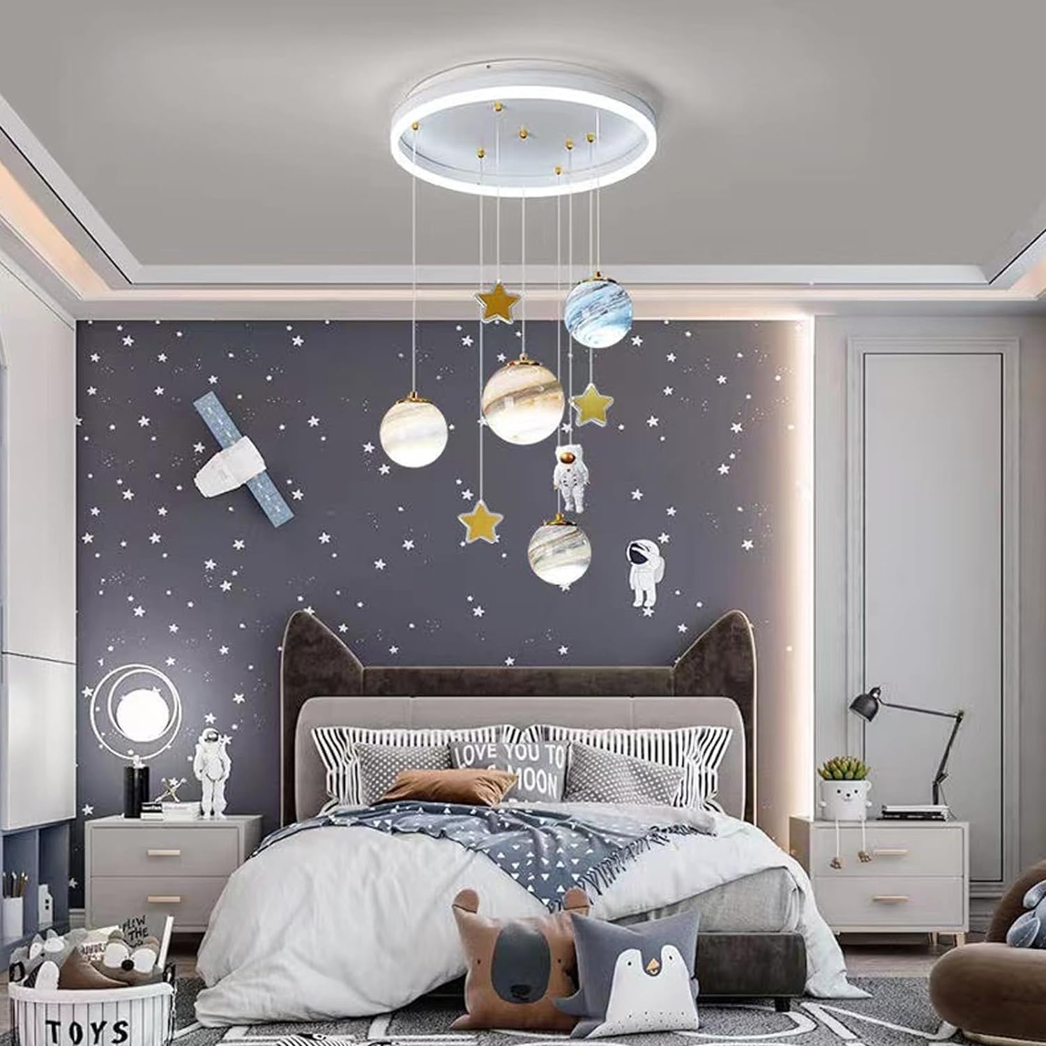 Lampadario bambini Plafoniera LED Lampadari dimmerabili pianeta camera dei bambini Lampada design moderno plafoniera lunare astronauta con telecomando camera dei bambini illuminazione camera da letto