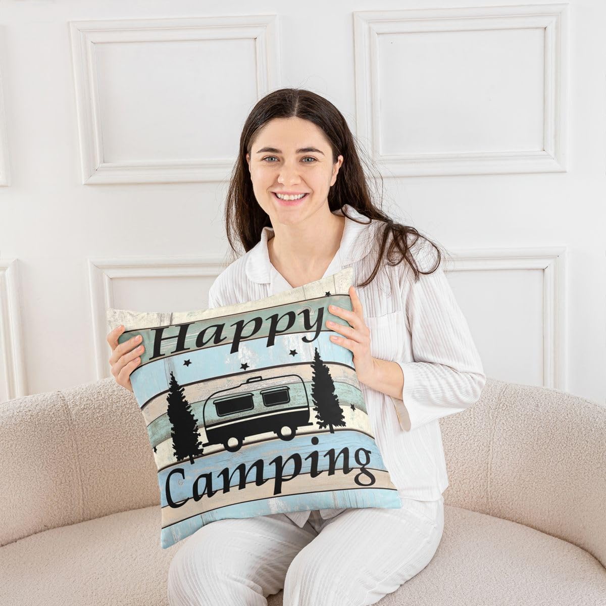 Feelyou Camper Rustic Wooden Outdoor Throw Pillow Covers 24"x24" Set of 2 Soft Happy Camping Cushion Covers for for Couch Sofa RV Camping Cartoon Car Print Decor Pillowcases Outdoor Pillows Covers