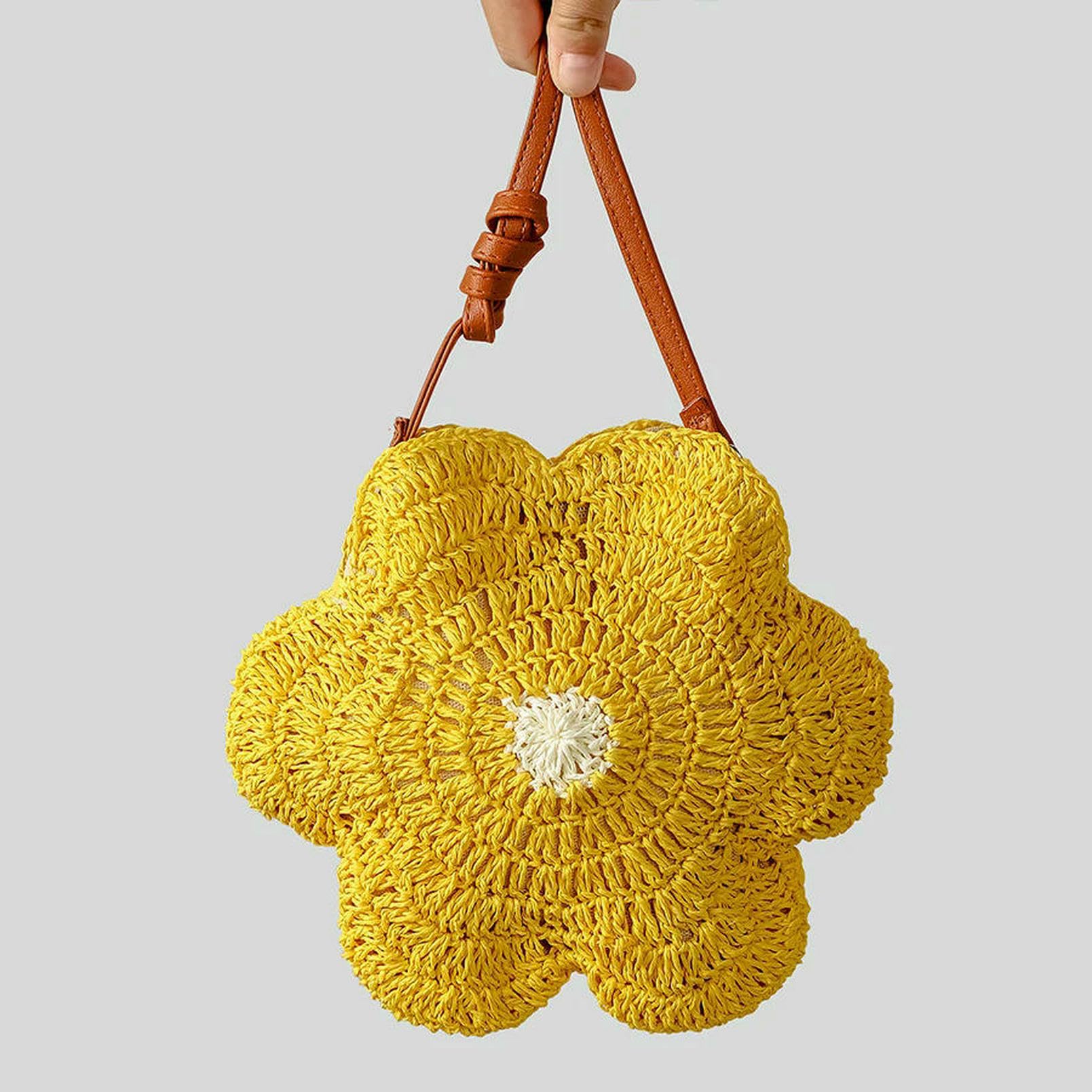 Borsa a Mano Donna Design di Fiori Carini da Sagni per Spalle Spalline Intrecciate Sacca Spiaggia Estiva Rotonda Shopper Borse-Giallo