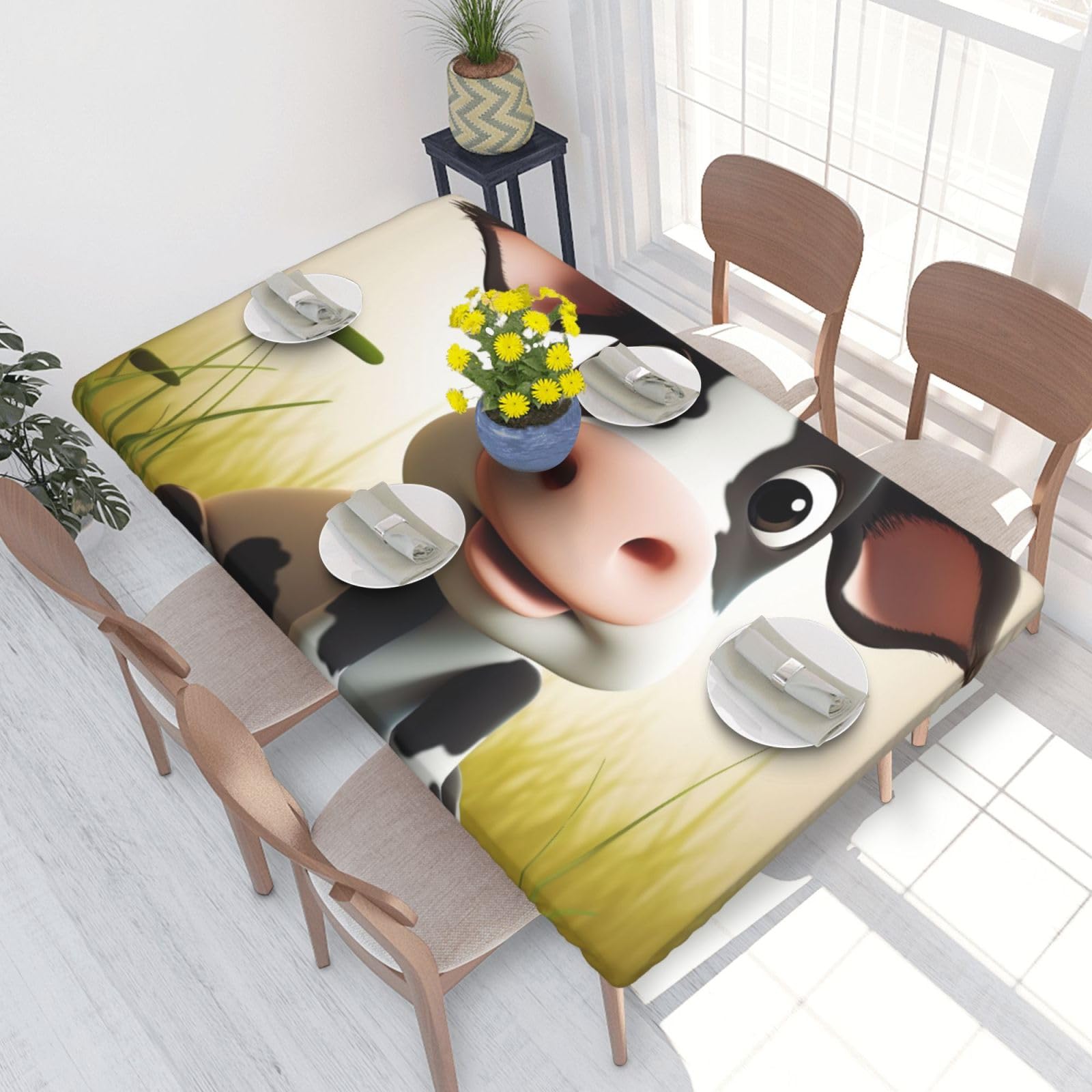 DCARSETCV Cute Cow Printed 4FT Waterproof Tablecloth with Elastic Edged Protect & Decor Your Table, Oil-proof Washable Table Cloth Cover for Dinner Picnic Party