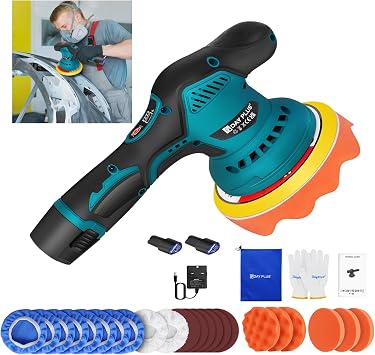 Dual Action Car Polisher, Cordless Polishing Machines with 8 Variable Speed, 12mm Orbit Eccentric Shaft, Polishing Pads & Sandpapers, Electric Rotary Car Furniture