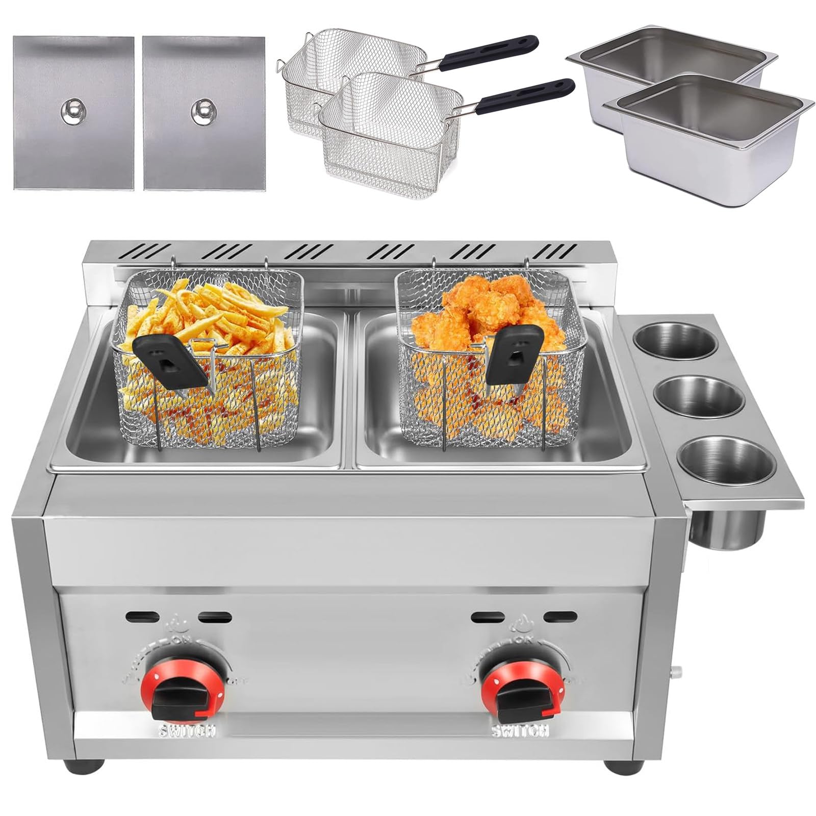 SICWEDIM Commercial Gas Deep Fryer 10Lx2 Countertop Stainless Steel Dual Tank Kitchen Frying Machine w/2 Removable Baskets & Lid, Double Fryer for French Fries Turkey Donuts Home Kitchen Restaurant