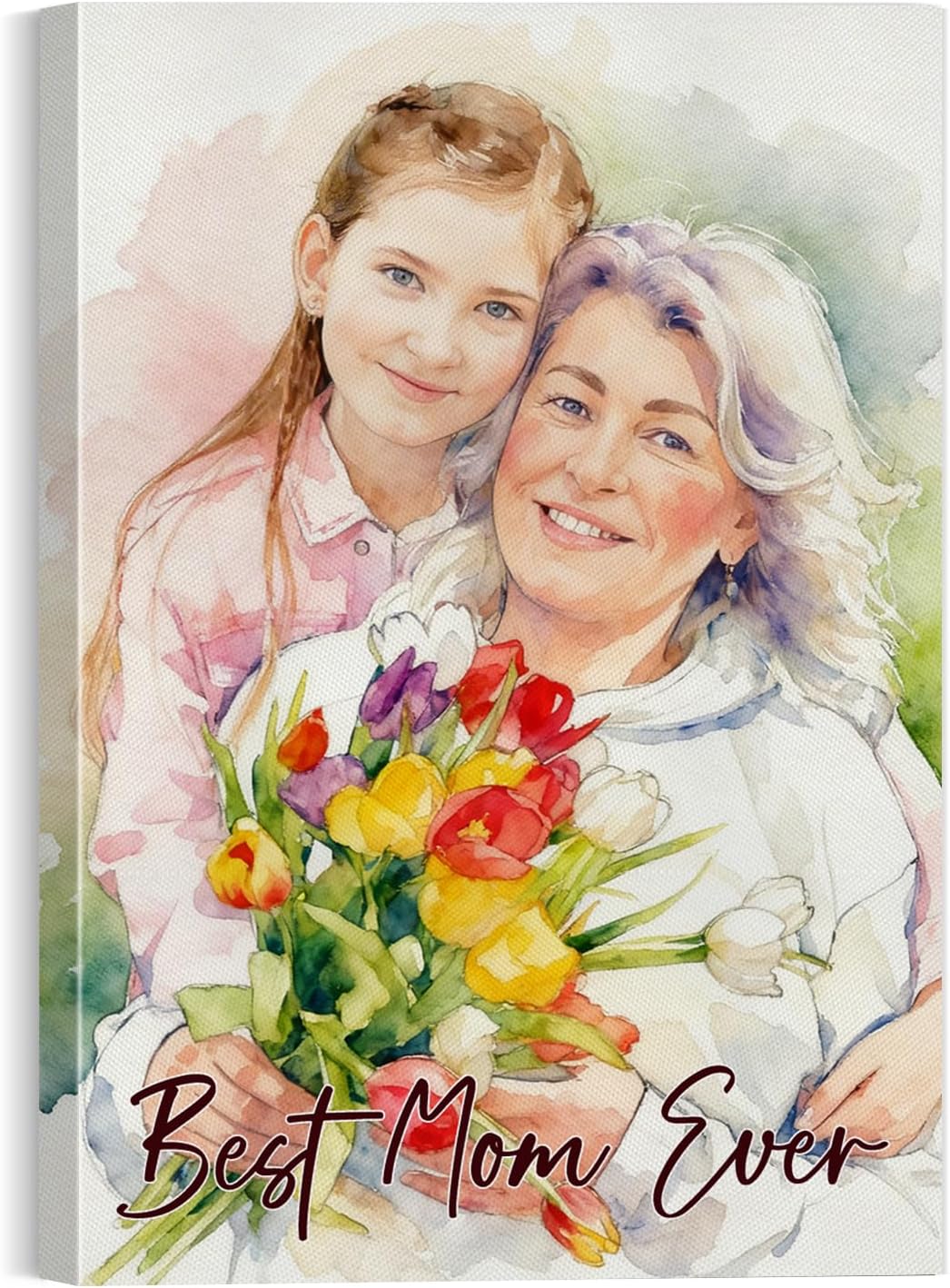 Personalized Mothers Day Gifts for Mom, Custom Watercolor Canvas Print with your Photo, Watercolor Portrait Art Print for Room Decor, Customized Picture Wall Art for Grandma, Wife, Women (Design 03, 12"W x 16"L)