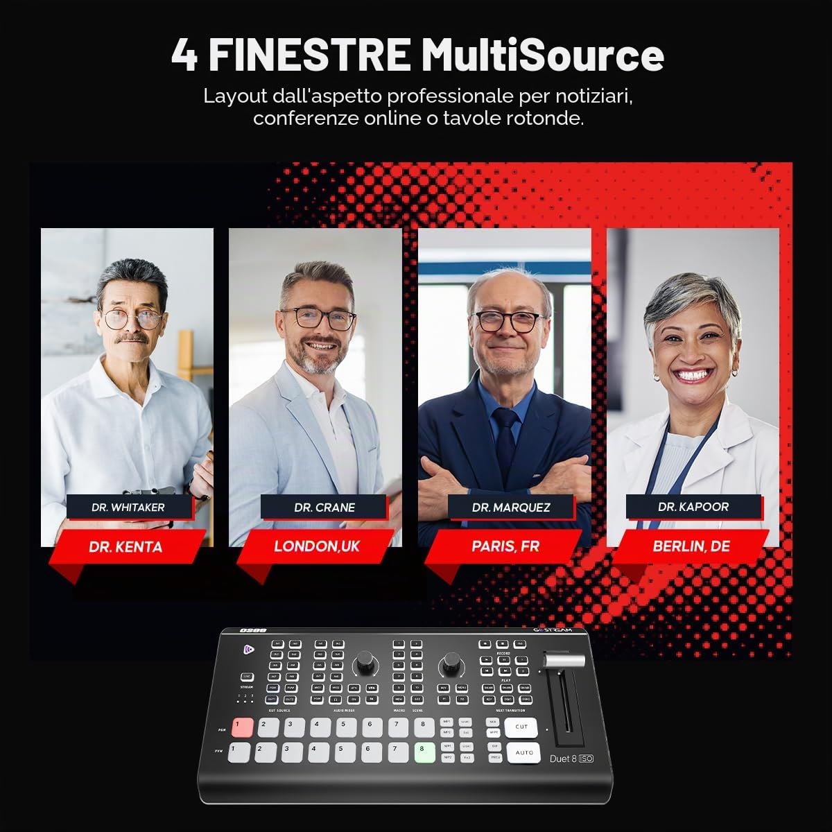 Osee GoStream Duet 8 ISO Mixer Video 8 Canali, 4×SDI + 4K HDMI, NDI HX/SRT/RTMP, 2 Webcam, Ingressi Audio XLR, Registrazione ISO Separata per podcast, YouTube e Facebook