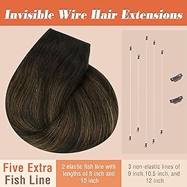 Sunny Hair Wire Hair Extensions Real Human Hair Fish Line Human Hair Extensions Invisible Wire Extensions Dark Brown to Light Brown with Dark Brown 2/2/6 18 Inch