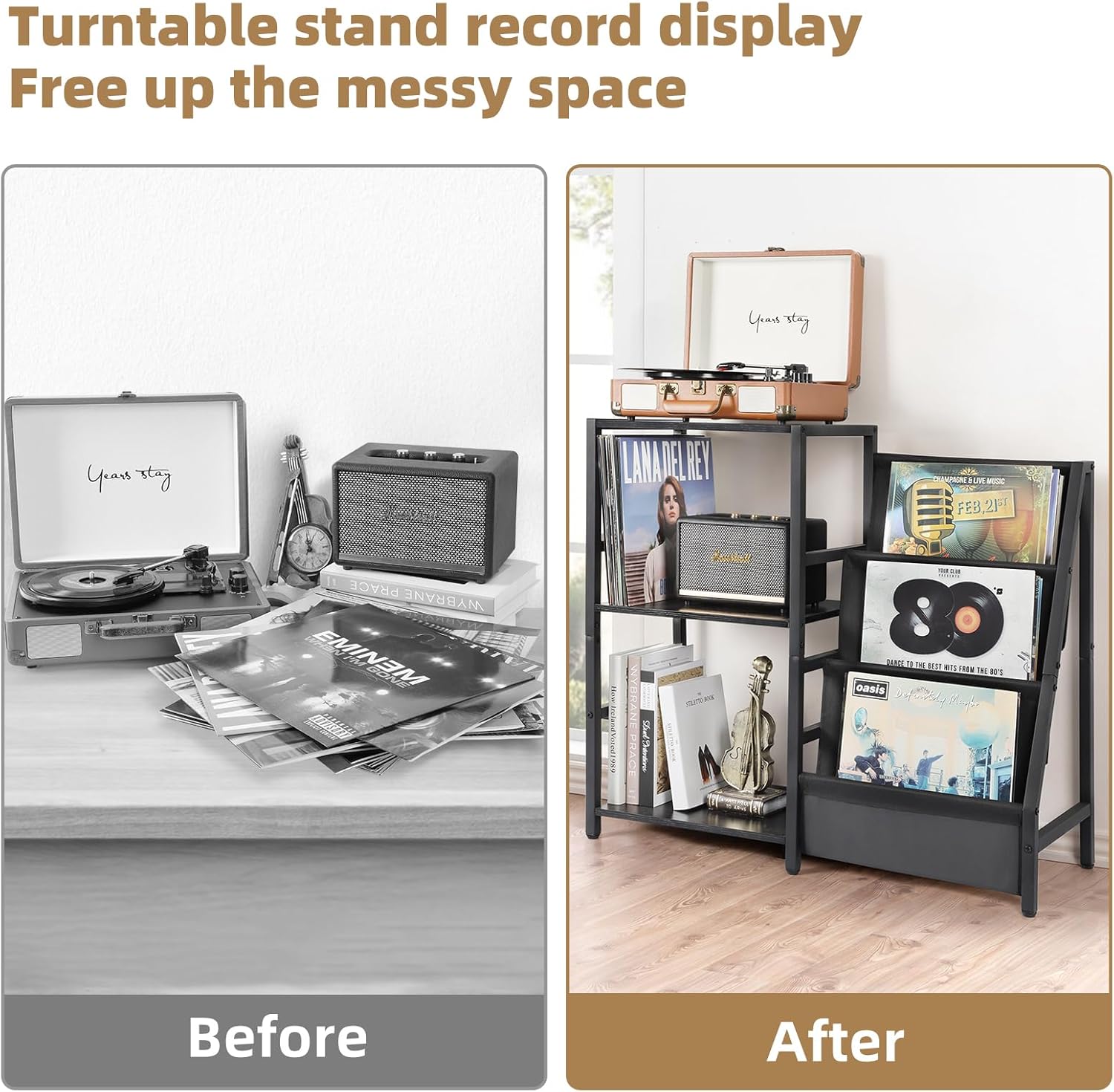 Bikoney Record Player Stand, Turntable Stand with 3-Tier Vinyl Record Storage, Record Player Table Up to 200 Albums, End Table for Records, Vinyl Record Holder Black&Black Table top: 15.35"(L) x 11.81"(W) image 6 of 7 B0CWNCWP8H