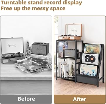 Bikoney Record Player Stand, Turntable Stand with 3-Tier Vinyl Record Storage, Record Player Table Up to 200 Albums, End Table for Records, Vinyl Record Holder