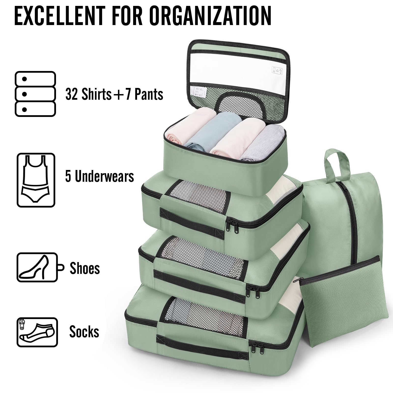 Veken 8 Set Packing Cubes for Travel Essentials,Anti-Wrinkle Buckled Suitcase Organizer for Shoe & Toiletry Bag,Carry On Luggage Bag with 99+ Count Mesh Holes for Airplane & College Dorm Accessories view 5