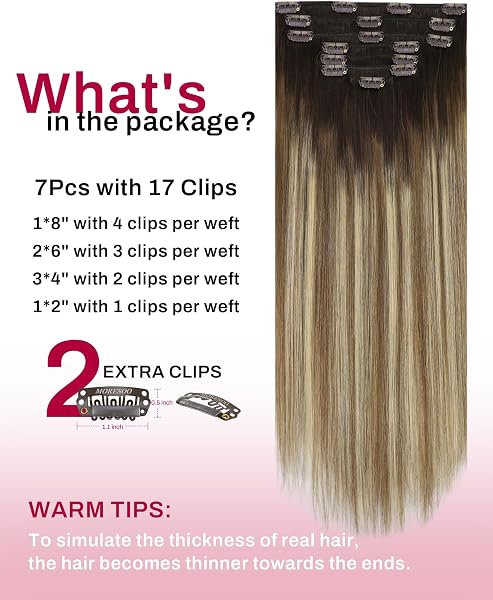 Moresoo Clip in Hair Extensions Real Human Hair Balayage Medium Brown and Blonde Real Hair Extensions Clip in Human Hair for Women Full Head 22 Inch 7pcs/120g #4/6/613 - 3