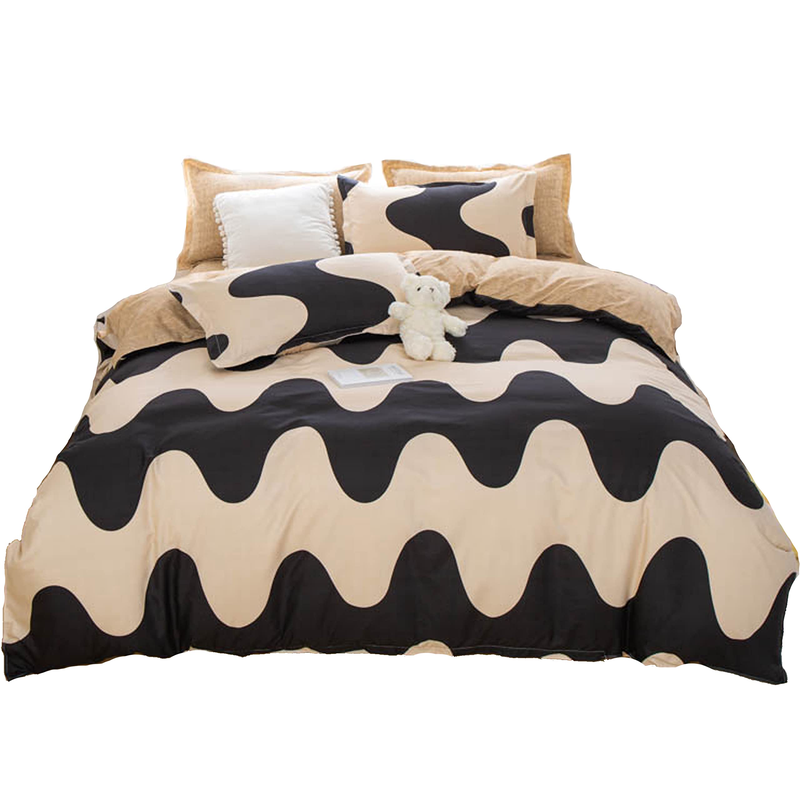 Funda Nórdica Cama 90cm Microfibra Juego de Ropa de Cama ４ Piezas Funda de edredón 150x200cm Sábana encimera 200x230cm Funda de Almohada 48x74cm Poliéster Marrón Rayas