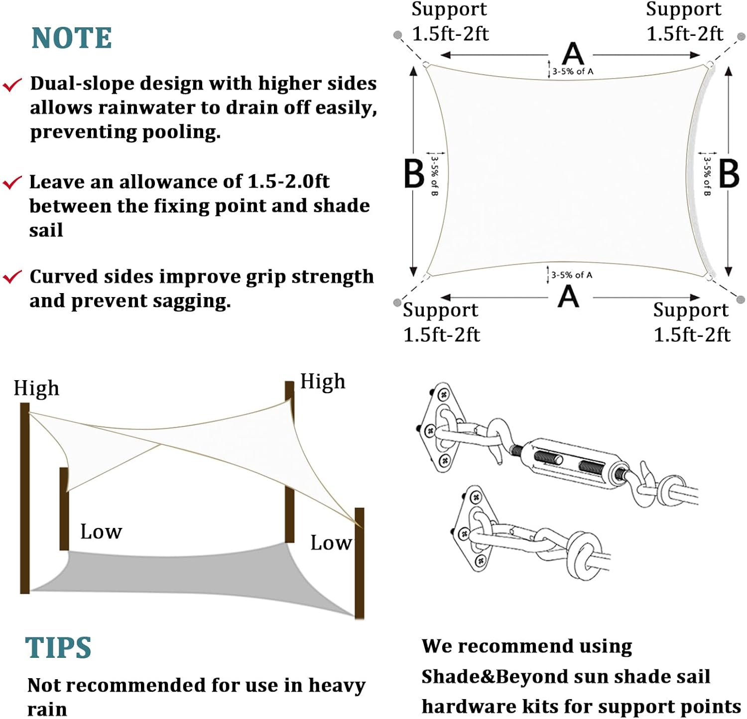 Shade&Beyond Sun Shade Sail 15'X16' White UV Blocking Outdoor Cloth for Deck, Backyard (Customized Available)