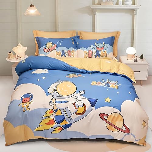 SAPHREAS - Juego de funda de edredón de 4 piezas queen con sábana bajera 100 % algodón, con estampado para niños de planetas y astronautas. Edredón
