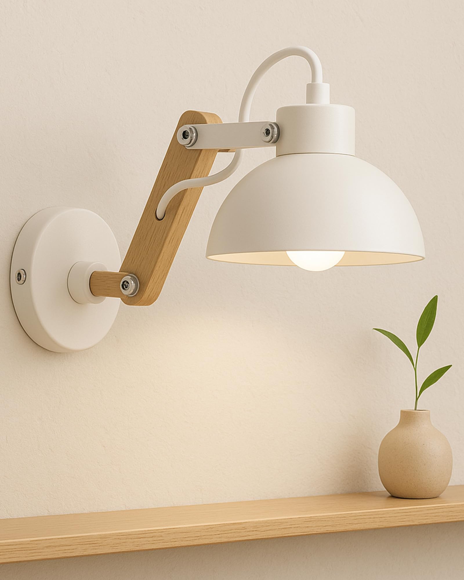 Homesake® Wall Light fixtures Industrial Sconce, E27 Base Vintage Wall Lamp Vintage Adjustable Wooden Swing Movement Arm Living Room Bedroom Study, (White)-image-23