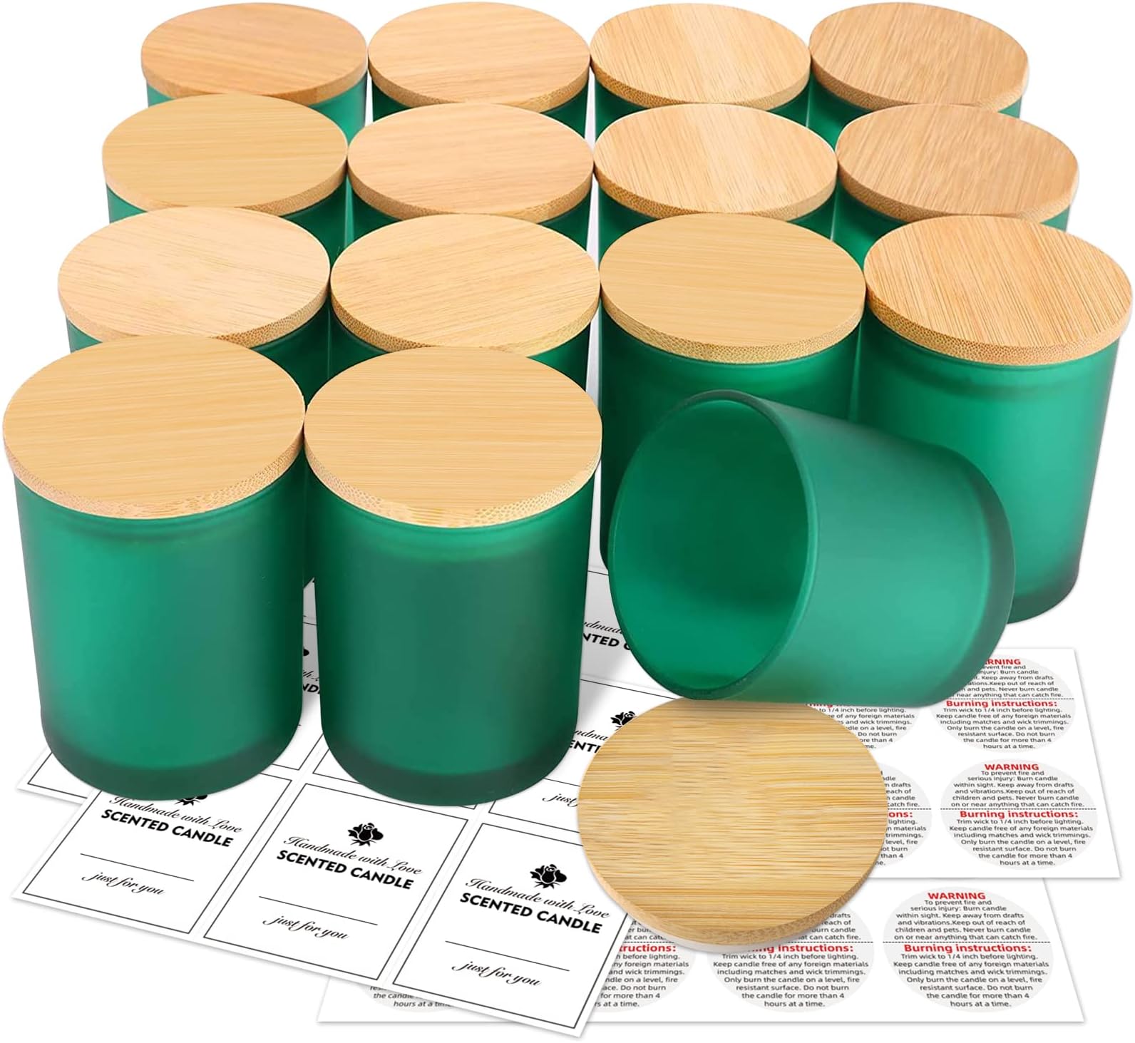 15 Pack Candle Glass Jars- 7oz Green Empty Candle Jars with Bamboo Lids and Sticky Labels, Bulk Candle Jars for Making Candles Containers - Dishwasher Safe