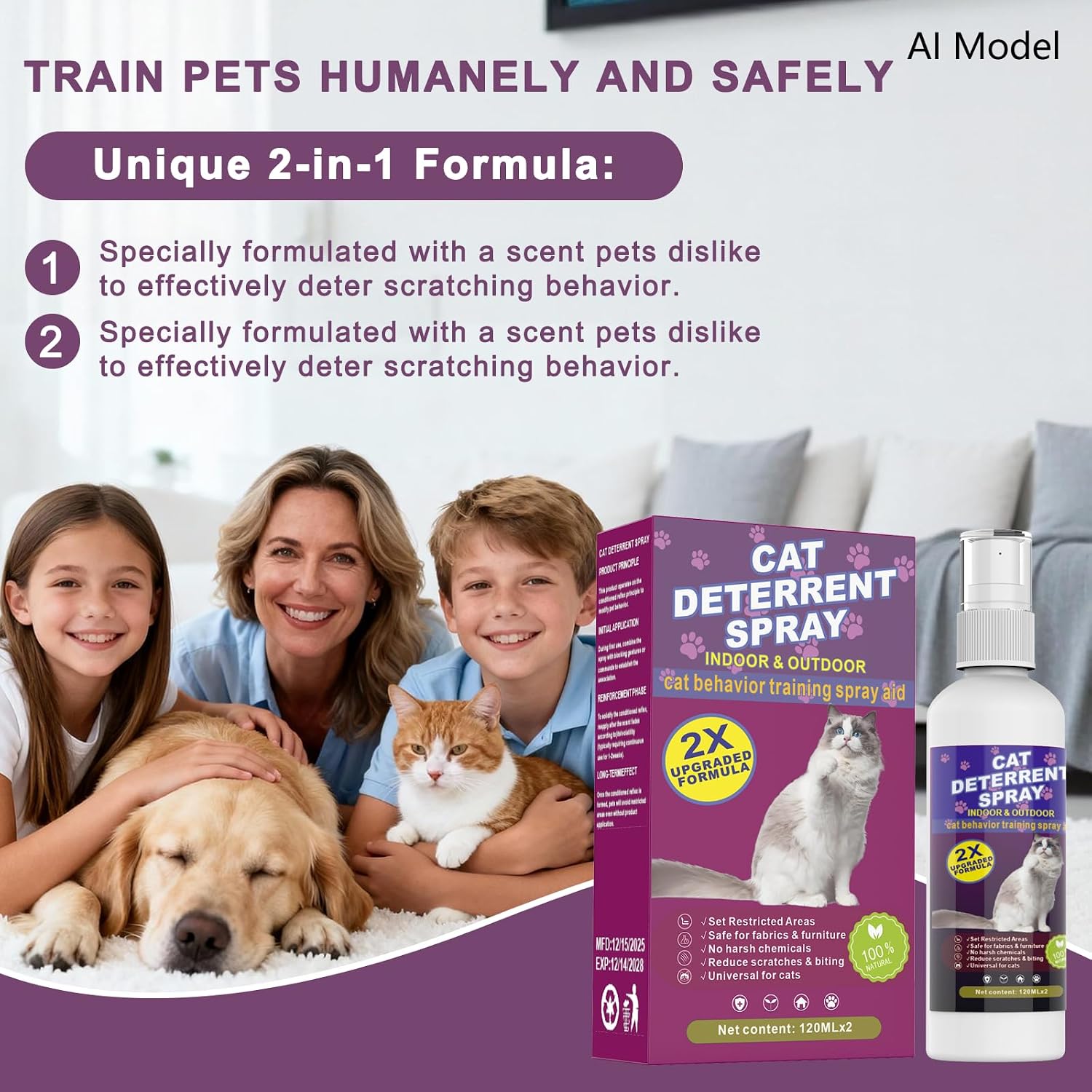 Cat Deterrent Spray for Indoor and Outdoor, Cat Repellent Spray for Furniture Protection, Anti Cat Scratch for Sofas or Carpet, Natural Ingredients, 4.06 oz (Pack of 2)