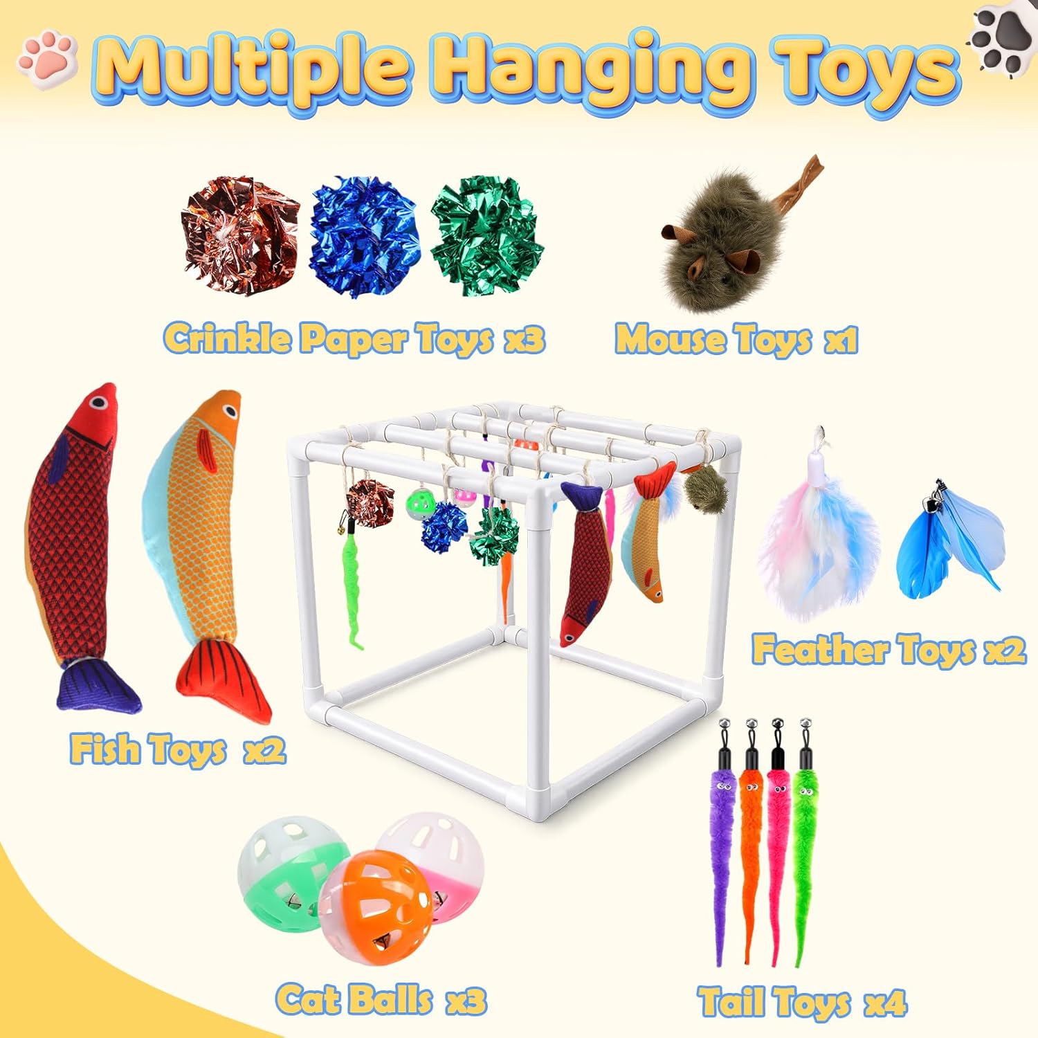 BABORUI Cat Play Gym, Indoor Hanging Activity with 15 Toys, Cat Toys to Keep Them Busy, Adjustable Cat Playground for Indoor Cats at Home