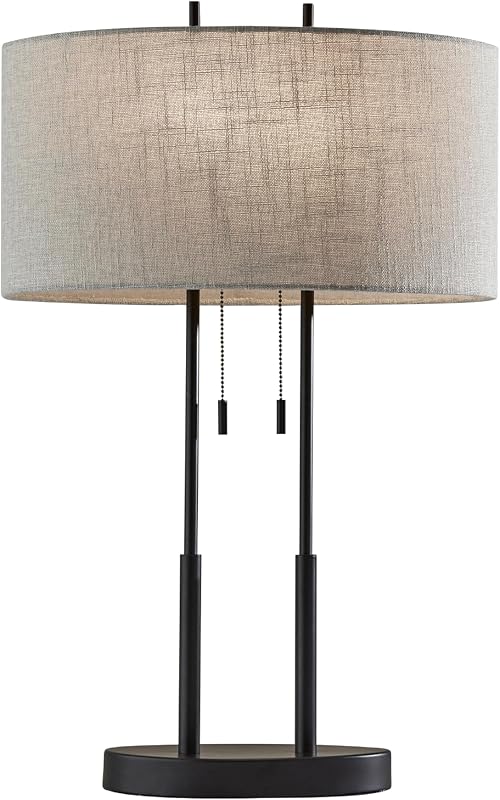 Adesso Duet Table Lamp with Dual Pull Chains, Antique Bronze Finish, Taupe Fabric Shade – 27” Tall, Versatile Bedside Table or Desk Lamp | Duet 60W Table Lamp for Bedroom Nightstand, Living Room End Table, Dorm, or Home Office Accent Lighting
