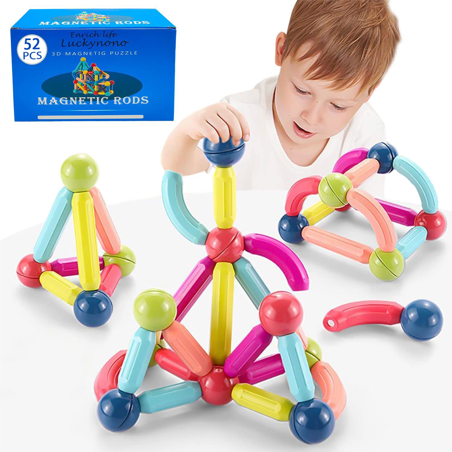 Luckynono Juego de Bolas magnéticas, y varitas mágicas, Juguetes educativos, Bloques de construcción Coloridos, apilables para niños(52 Piezas)