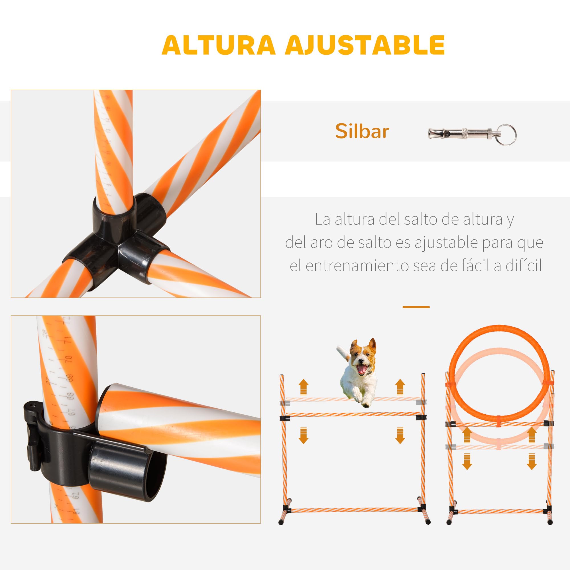 PawHut Set de Entrenamiento de Agilidad para Perros de 4 Piezas Juego de Agilidad para Perros con Valla, Slalom con piquetes, Zona de Descanso y Anillo de Salto Naranja