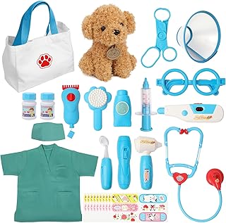Liberry Doctor Kit for Toddlers 3 4 5 6 Years Old, 28 Pcs Kids Doctor Playset with Dog Toy, Stethoscope and Dress Up Costume, Pretend Play Medical Gift for Girls (Blue)