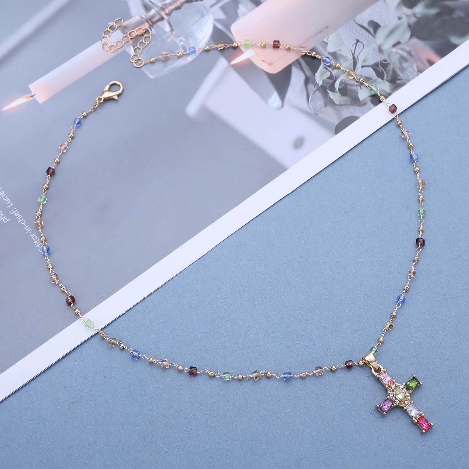 Gold Cross Necklace for Women Diamond Crystal Cross Pendant Necklace Cube Crystal Beads Satellite Chain Necklace Dainty Cross Religious Necklace Y2k Jewelry - Image 3