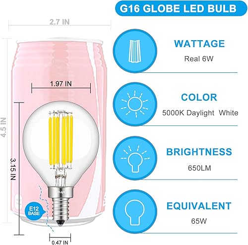 Miniatura 3 de CRLight Bombilla LED regulable de 6 W, 5000 K, luz blanca diurna, equivalente a 650 W, 650 lúmenes, E12, vintage, Edison G16, bombillas de cristal