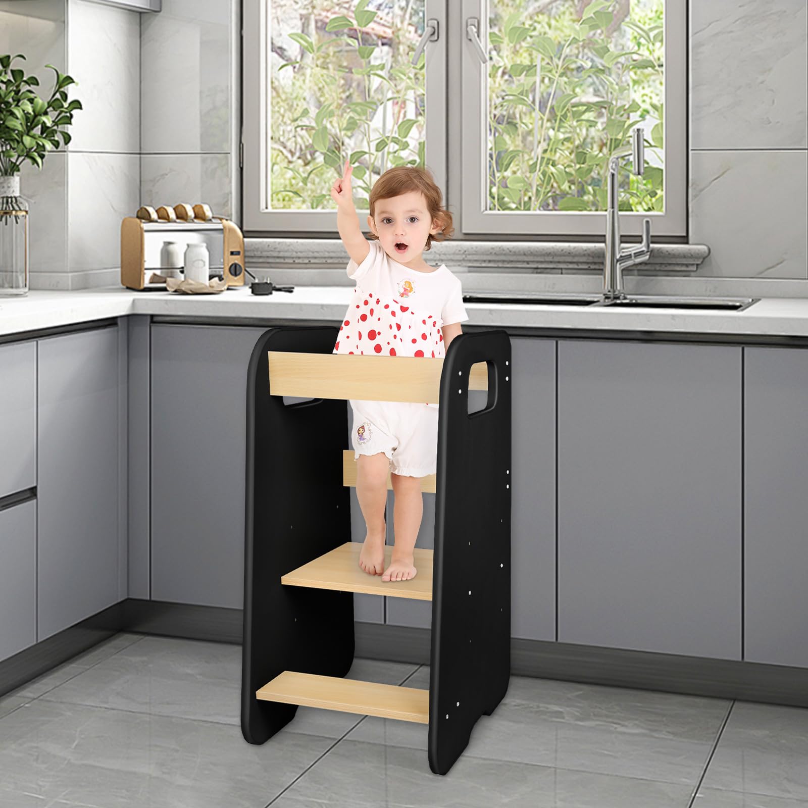 Supfine Lernturm ab 1 Jahr, Learning Tower, Höhenverstellbar Montessori Lernturm Küchenhelfer, Massiv und Stylisch, Entdeckerturm aus Holz (Schwarz braun, 80 * 50 * 40cm)